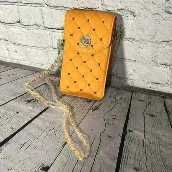 Badgley Mischka Crossbody Purse Phone Case Diamond Quilted Yellow Studded - Picture 1 of 7